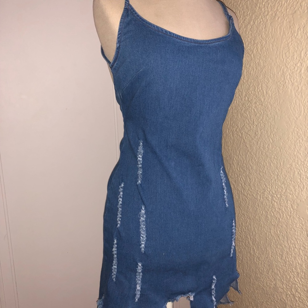 Denim Distressed Open Back Mini Dress NWOT